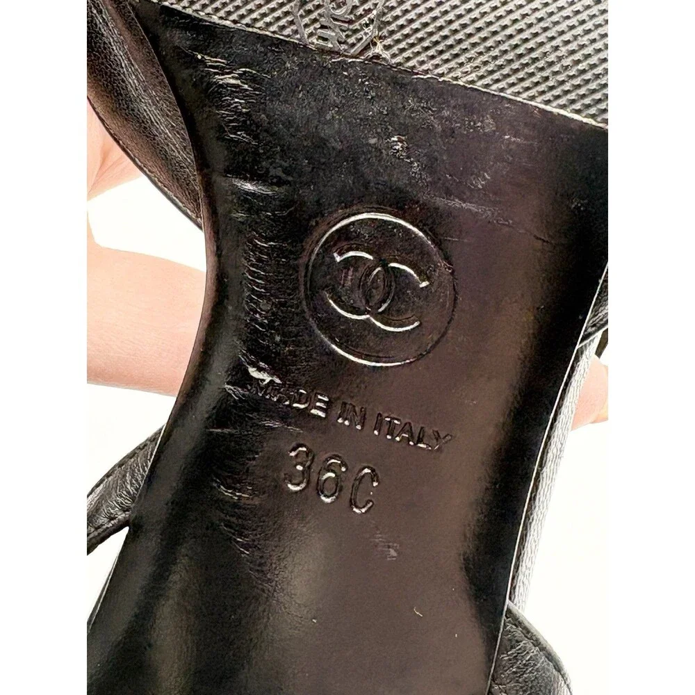 Chanel Black Slingback Heels w/ Pearl Accent Cap Toe Pointed Toe Size EU 36